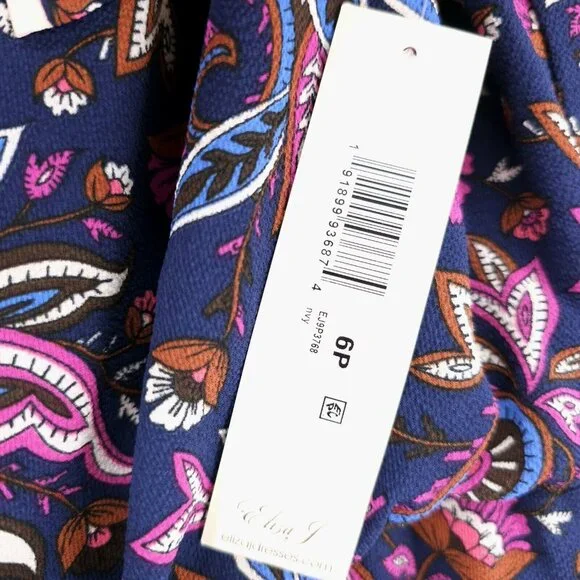 NWT ELIZA J Dress Navy Pink Paisley Floral Blouson Fit Flare Neck Tie Size 6P - Picture 8 of 10